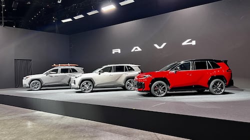The redesigned sixth-generation Toyota RAV4 crossover, seen here at its global debut in Tokyo on May 21, 2025, is the first Toyota vehicle to come equipped with the Japanese carmaker's Arene software system and the first RAV4 to offer a GR Sport trim for the U.S.